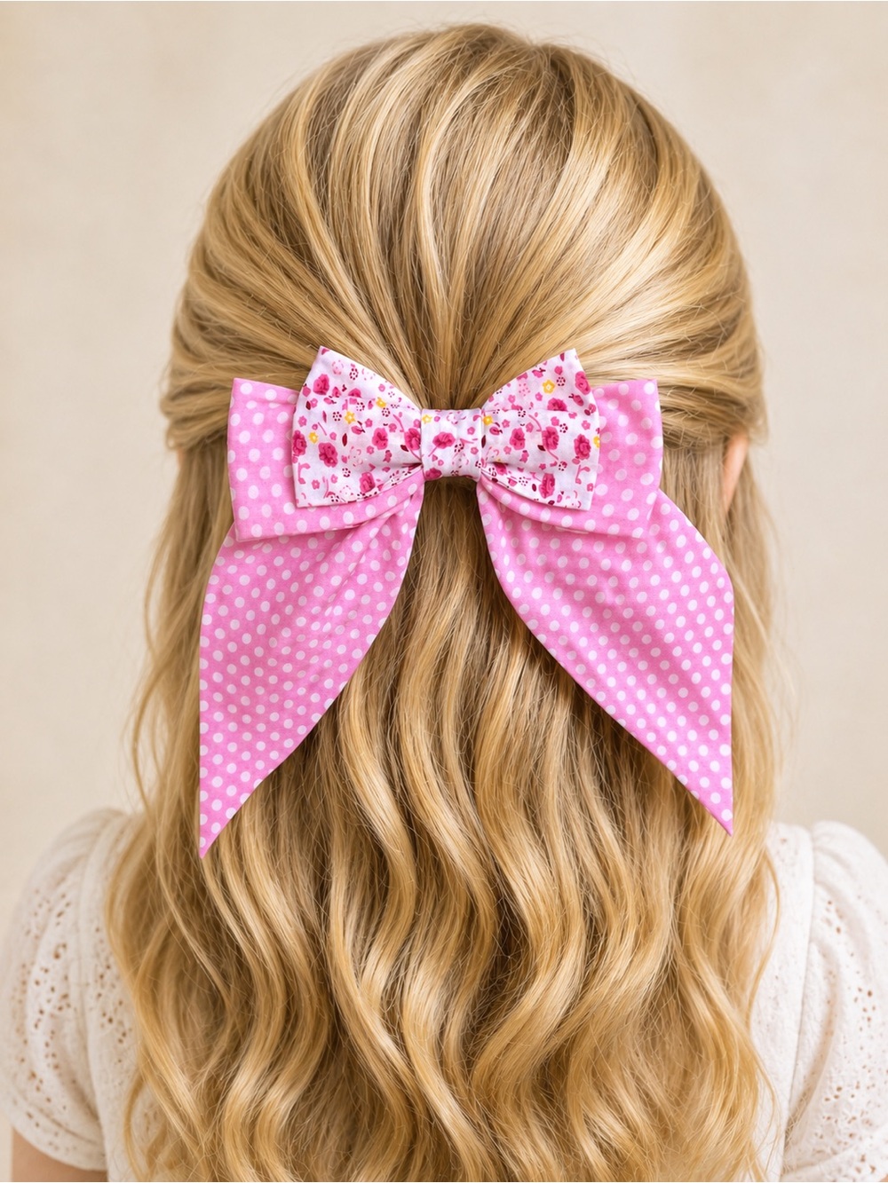 Handmade Pink Polka Dot & Floral Hair Bow, made from 100% cotton fabric
